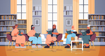 group of mix race women sitting together and reading books modern book club interior horizontal full length vector illustration