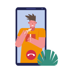 young man lifting gift in smartphone character