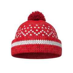 Red knitted wool hat with a pattern on a white background, 3D render