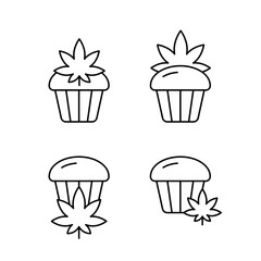 Marijuana or cannabis cake, icons set. Linear logo of hemp cupcake. Black simple illustration for bakery products, packaging design. Contour isolated vector pictogram on white background