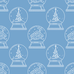 Fototapeta na wymiar Snow globes with house and Christmas tree linear seamless pattern. Blue outline vector texture. Festive chalk cartoon wallpaper and wrapping paper design