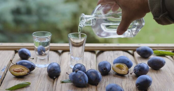 Pouring plum slivovice (slivovitz) vodka into glasses. Ripe plums lie around. The video filming location is a rural outdoor table with summer blur bokeh nature.