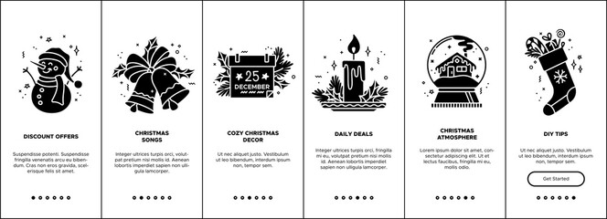 Vector Christmas onboarding screen templates with black glyph icons. New Year mobile app concept. UX, UI, GUI monocolor design. Discount offers, Christmas songs, cozy decor, daily deals, and DIY tips