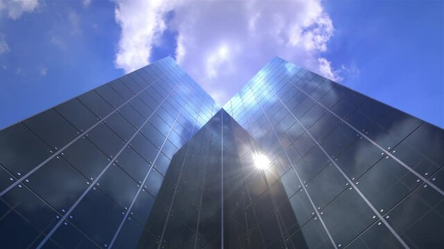 Blue sunny midday sky time lapse over modern office buildings in a downtown business center located in a financial district of the urban city
