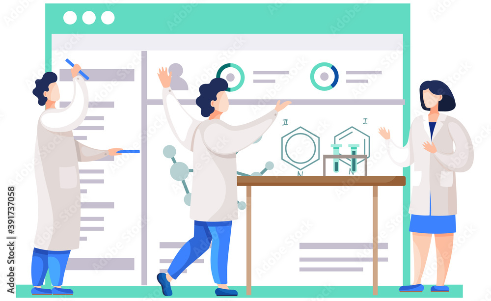 Poster chemical experiments. chemists are monitoring research progress. guy in a lab coat points to a diagr