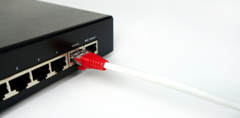 LAN network and internet connection, Ethernet RJ45 cable plug to lan port, modem router.