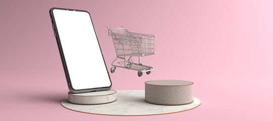 3D rendering of Smartphone white screen surrounded by shopping cart on podium. Concept of shopping on a mobile phone and Can fill the content on the white phone screen isolated on the pink background.