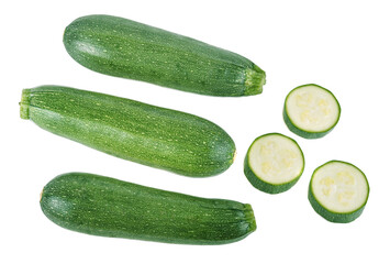 fresh green zucchini with slice isolated on white background.