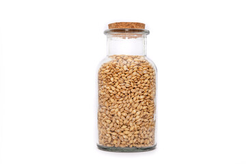 A Jar of dried Pearl Barley isolated on a white background, nutritious grains dried and stored. Healthy food choice. Soup mix ingredient.