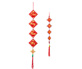 Decoration item on the wall with Vietnamese calligraphy text means "Safety good health prosperity&ldquo; and "I wish you a wealthy new year&rdquo; for celebrating Lunar New Year. It's also called Tet Holidays.