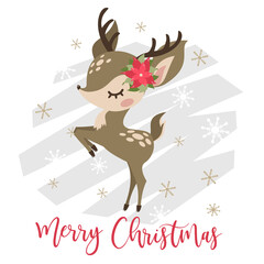 Vector New Year card. Cute deer, snowflakes.