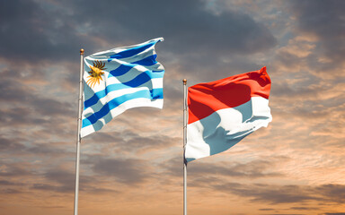 Beautiful national state flags of Uruguay and Indonesia.