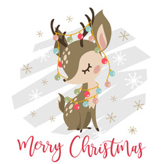 Vector New Year card. Cute deer, snowflakes