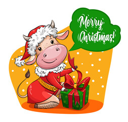 Beautiful Cartoon cow in Santa suit packs christmas gift. Symbol of year. Christmas vector illustration for calendar, greeting card, holiday card, stikers,