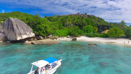 LA DIGUE, SEYCHELLES - SEPTEMBER 2017: Aerial view of beautiful coastline