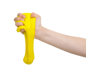 Child hand with sticky slime on white