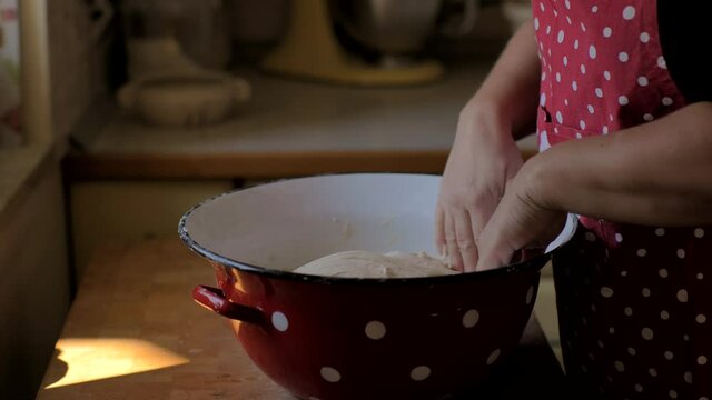 Close up of hands kneading sourdough bread, streaching the dough in bowl.