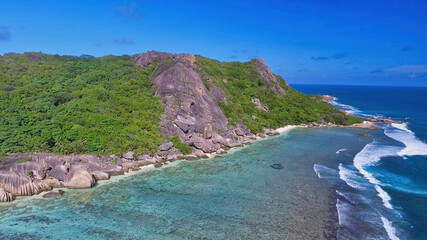 La Digue, Seychelles. Amazing aerial view on a beautiful sunny day