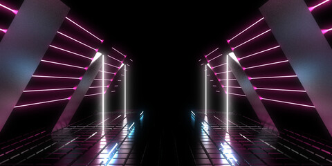 3D abstract background with neon lights. neon tunnel .space construction . 3d illustration