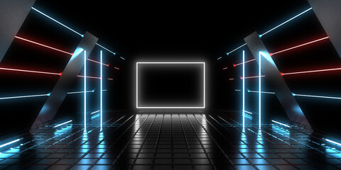 3D abstract background with neon lights. neon tunnel .space construction . 3d illustration
