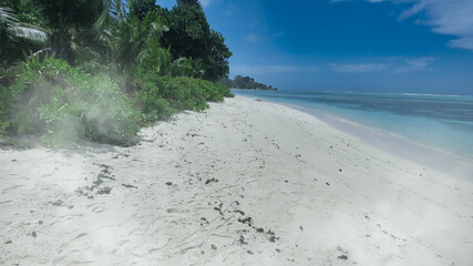Aerial view of the beautiful coast of La Digue island, Seychelles © jovannig