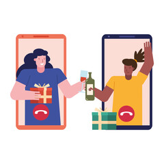 young women celebrating with wine and gifts in smartphone