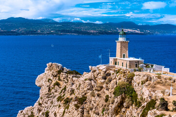 Fototapeta na wymiar Lighthouse List and beautiful coastal landscape of Greece