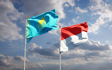 Beautiful national state flags of Kazakhstan and Indonesia.