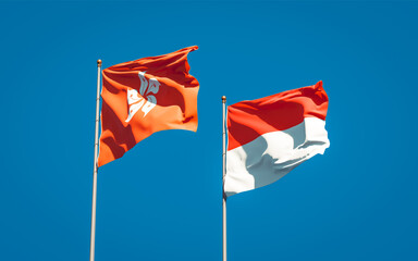 Beautiful national state flags of Hong Kong HK and Indonesia.