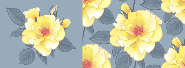 SEAMLESS PATTERN WITH YELLOW ROSES and a bouquet of yellow roses