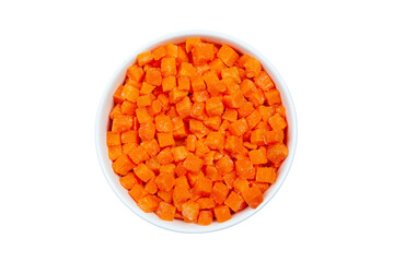 Top view of frozen diced carrots in a bowl on white background, close up