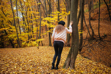 Fototapeta premium Back view of a young female in the autumn park
