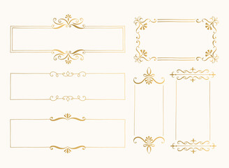 Set of golden rectangular frames. Elegant luxurious borders. Menu design. Vector illustration.