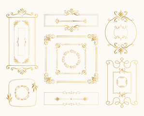 Set of golden vintage borders. Elegant ornate patterns. Vector luxurious design. Isolated illustration. - 391742024