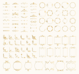 Naklejka premium Set of golden decorative elements. Frames. borders, corners, dividers, wreaths. Vector isolated illustration.