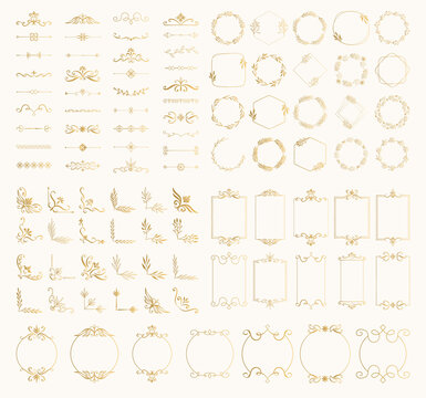 Set of golden decorative elements. Frames. borders, corners, dividers, wreaths. Vector isolated illustration.