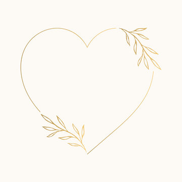 Luxury heart frame with leaves. Golden wedding design. Vector hand drawn illustration.