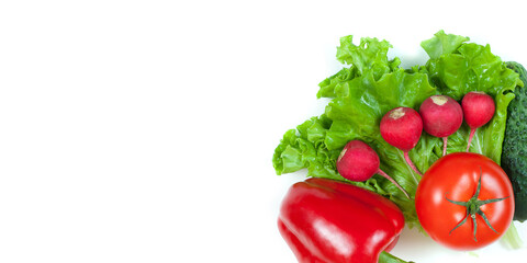 Fresh colorful organic vegetables captured from above (top view, flat lay) isolated on a white background. Layout with free (copy) space. Healthy food conception. Ingredients for salad
