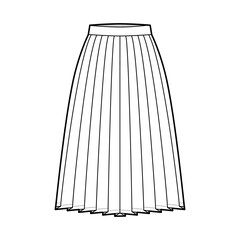 Skirt side knife pleat technical fashion illustration with below-the-knee silhouette, circular fullness, thick waistband. Flat bottom template front, white color style. Women, men, unisex CAD mockup