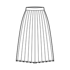 Skirt side knife pleat technical fashion illustration with below-the-knee silhouette, circular fullness, thick waistband. Flat bottom template front, white color style. Women, men, unisex CAD mockup
