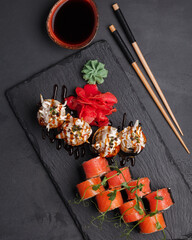 Rolls. Japanese and Chinese traditional cuisine.Sushi bar. Set