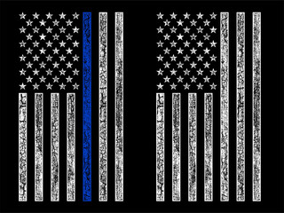 black and white / grunge usa police flag with thin blue line vector design.