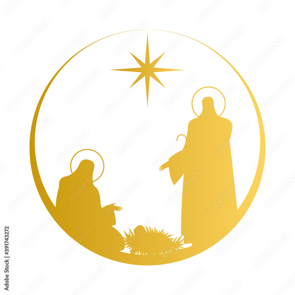 Wall mural holy family mangers characters golden silhouettes