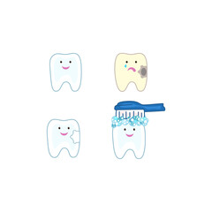 Set teeth (healthy, with caries, filled, teeth cleaning). Vector illustration.