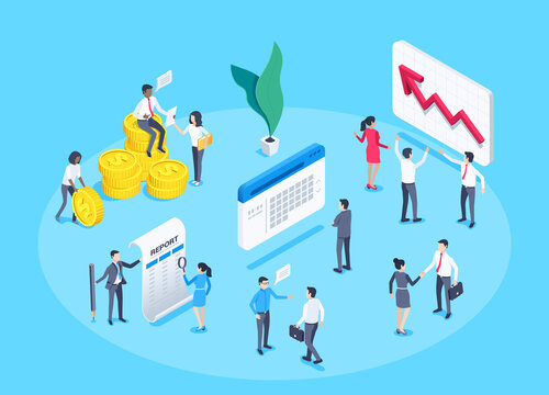isometric vector image on a blue background, business people near the report and chart, working with finances and planning, business relationship