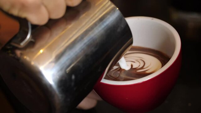 Barista Making Pouring Stream Milk With Coffee Art