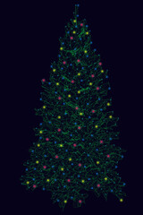Wireframe of a Christmas tree made of green lines on a dark background with glowing lights. Vector illustratio