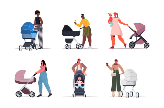set mix race mothers walking with newborn babies in stroller motherhood concept full length horizontal vector illustration