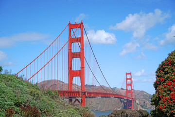 Landscape view of Golden Gate Bridge is Red Bridge in sunny day in San Francisco, California, United states , USA - Vintage style hot spot famous Landmark - Holiday Travel Concept