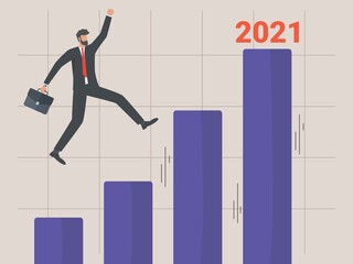 Business development to success in 2021 concept, businessmen run on charts that rise to success in 2021